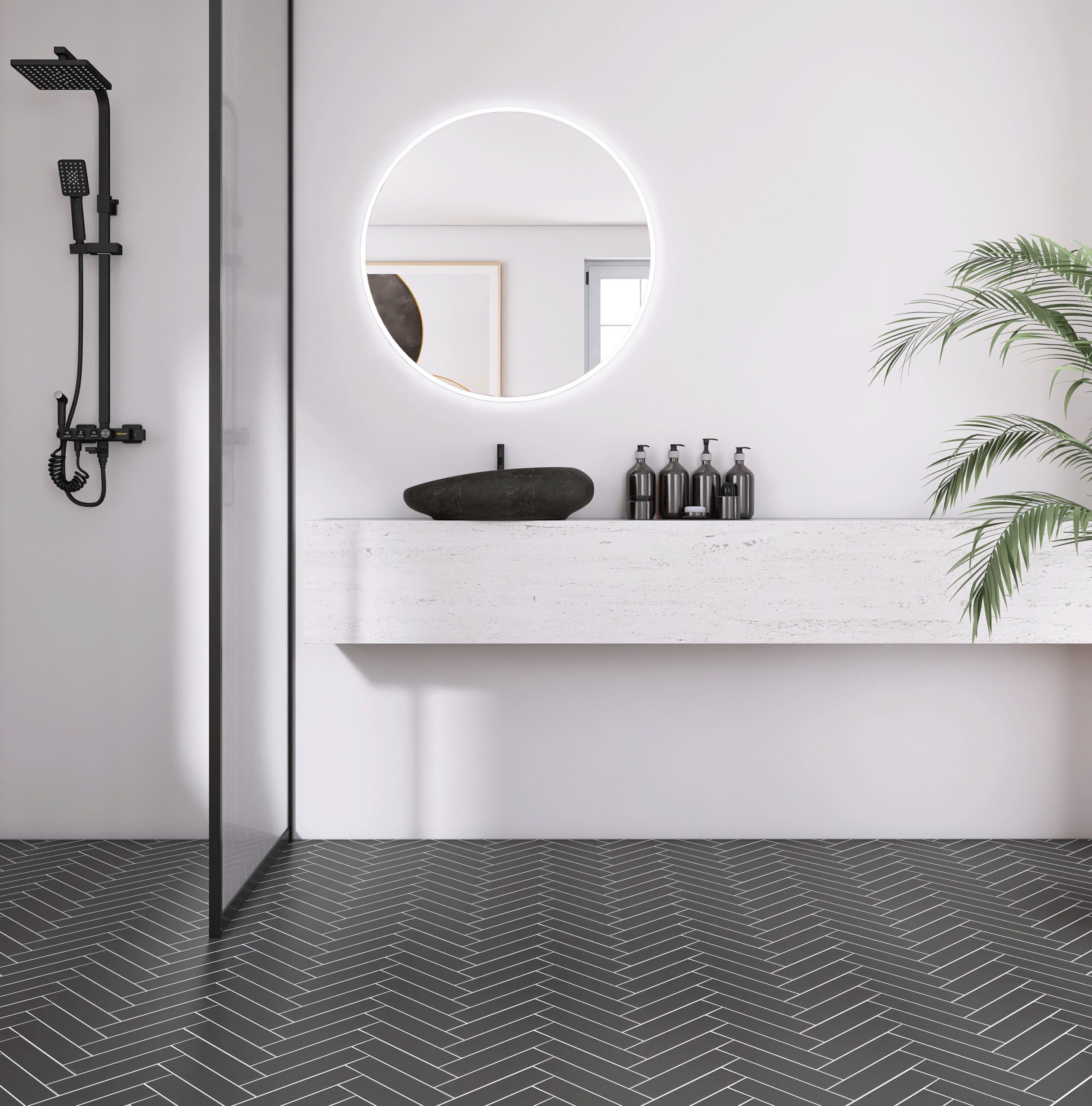 Room scene of UMORE Classico Graphite Porcelain Herringbone Mosaic Tile installed on the floor