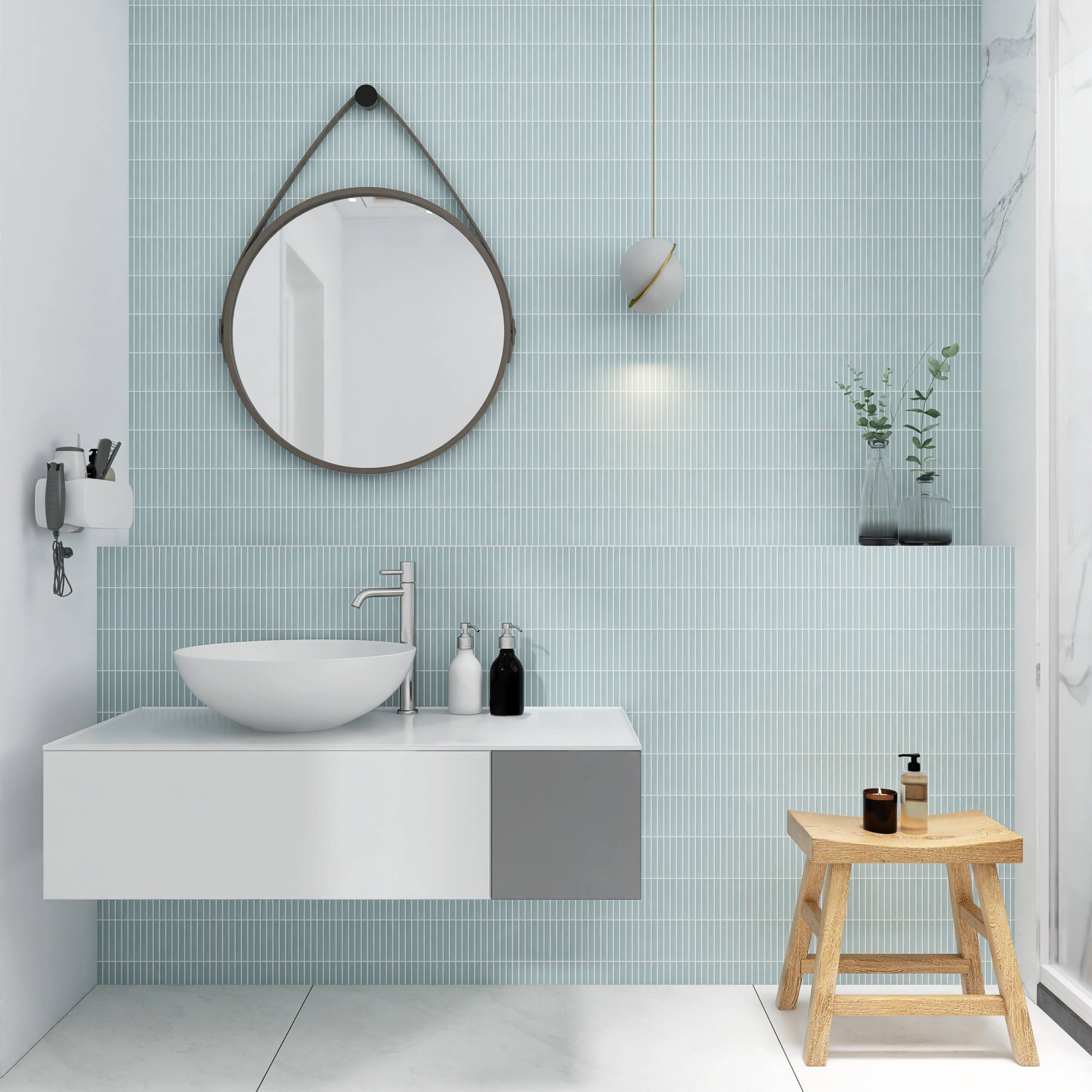 Room scene of UMORE Classico Ice Blue Porcelain Stacked Mosaic Tile