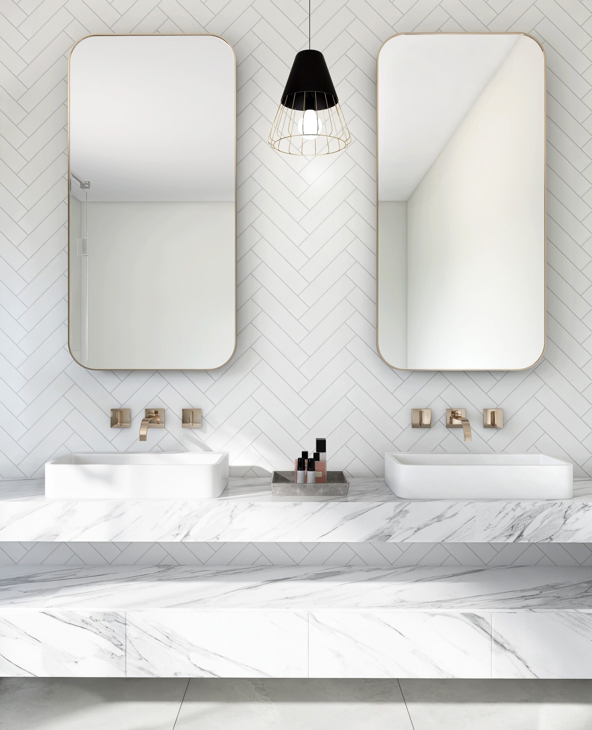 Room scene of UMORE Classico White Porcelain Herringbone Mosaic Tile installed on the wall