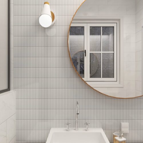 Room scene of UMORE Classico White Porcelain Stacked Mosaic Tile